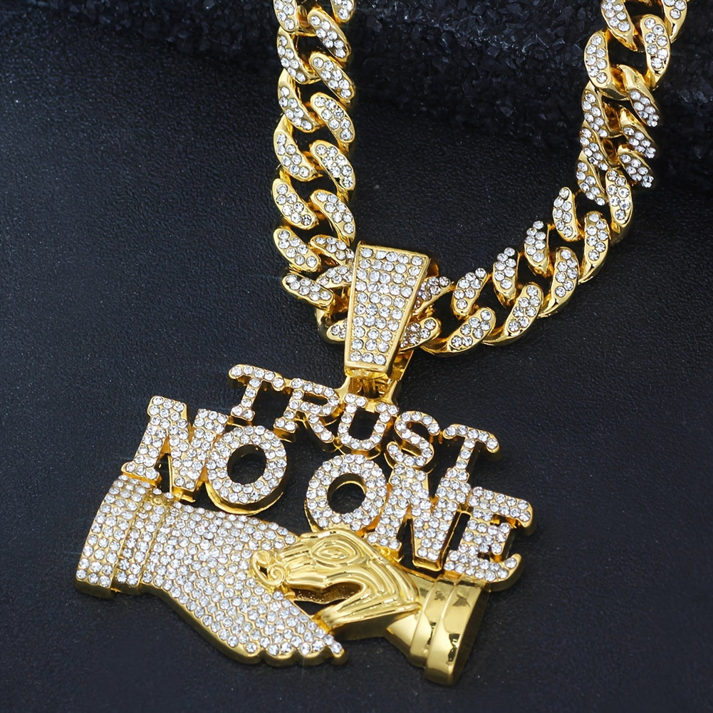 1pc Trust No One Pendant Necklace for Men & Women - Edgy Hip-Hop Cuban Link Chain with Rhinestone Accents, Bold Statement Jewelry Gift for Birthdays, Father's Day, Mother's Day, Statement Necklace | Luxury Pendant | Highquali